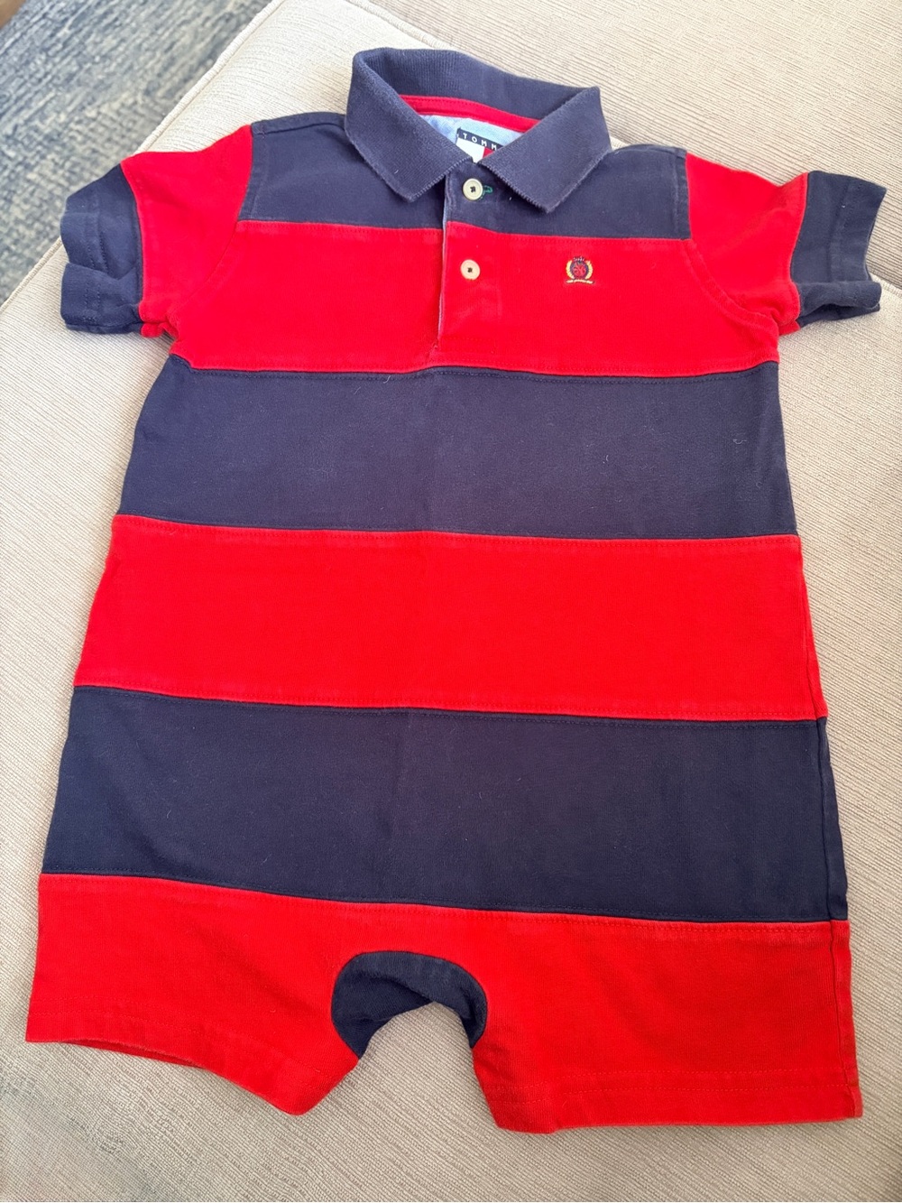 Tommy Hilfiger Red and Navy Striped Baby Boy Polo Romper - Sz: 12/18 months